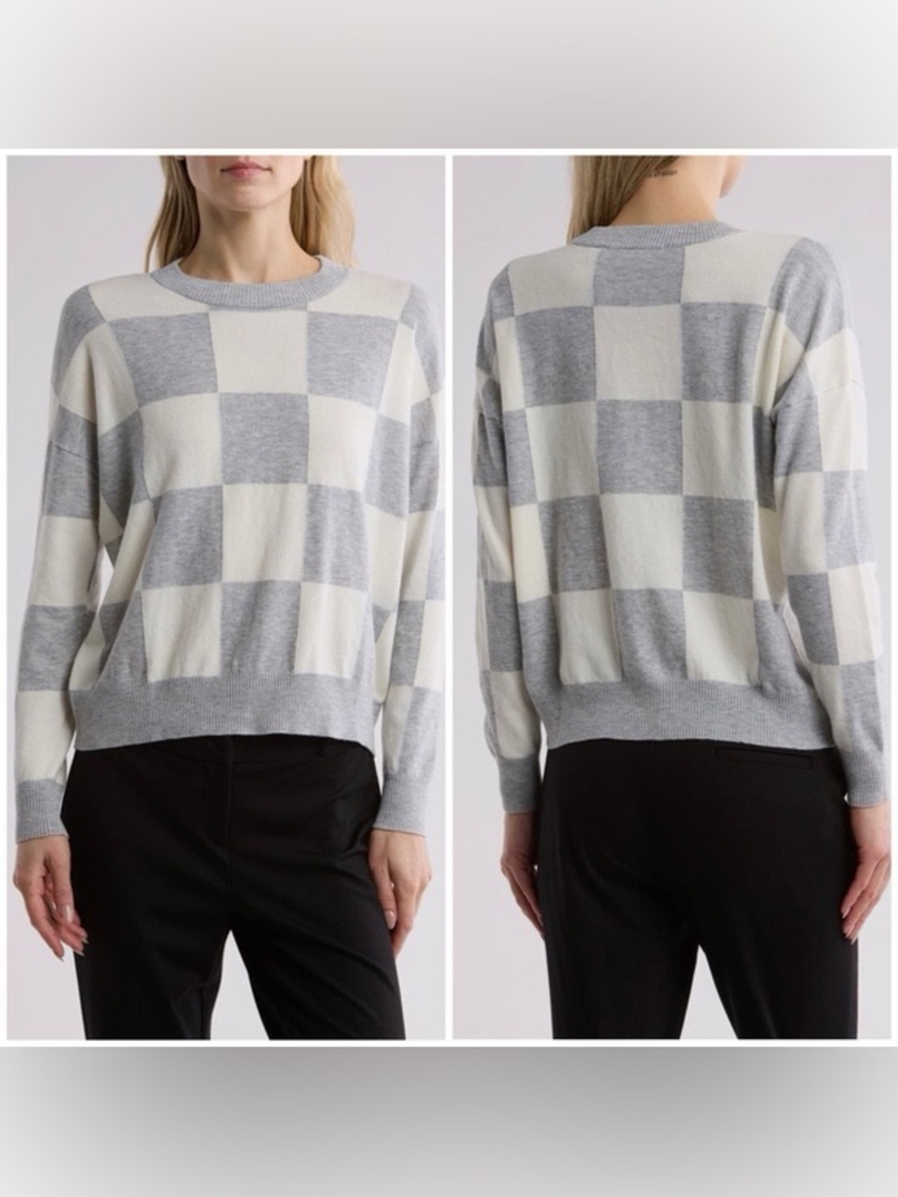 T. Tahari Grey & Cream Checkered Relaxed fit Crewneck Sweater Medium